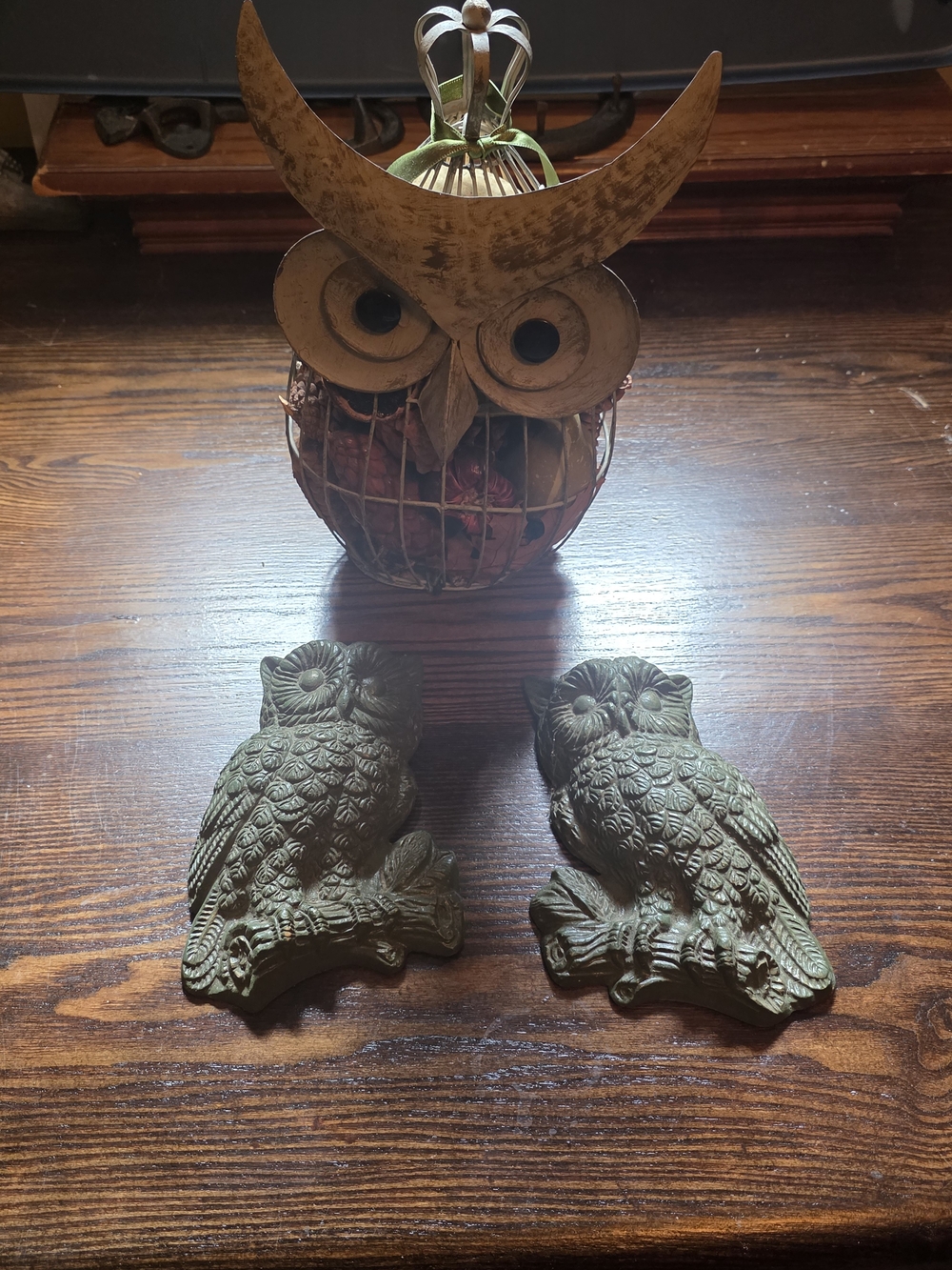 Decorative Owl Figurines Set - Green Metal Owls